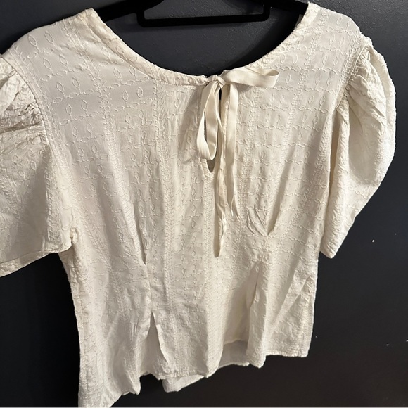 hinge brand ivory embroidered blouse with back tie | size medium - Picture 3 of 9
